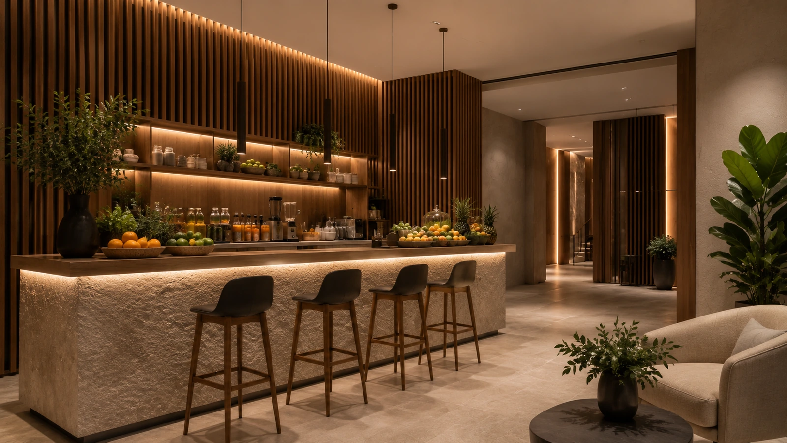 Juice bar в фитнес-клубе с каменной стойкой и реечными панелями