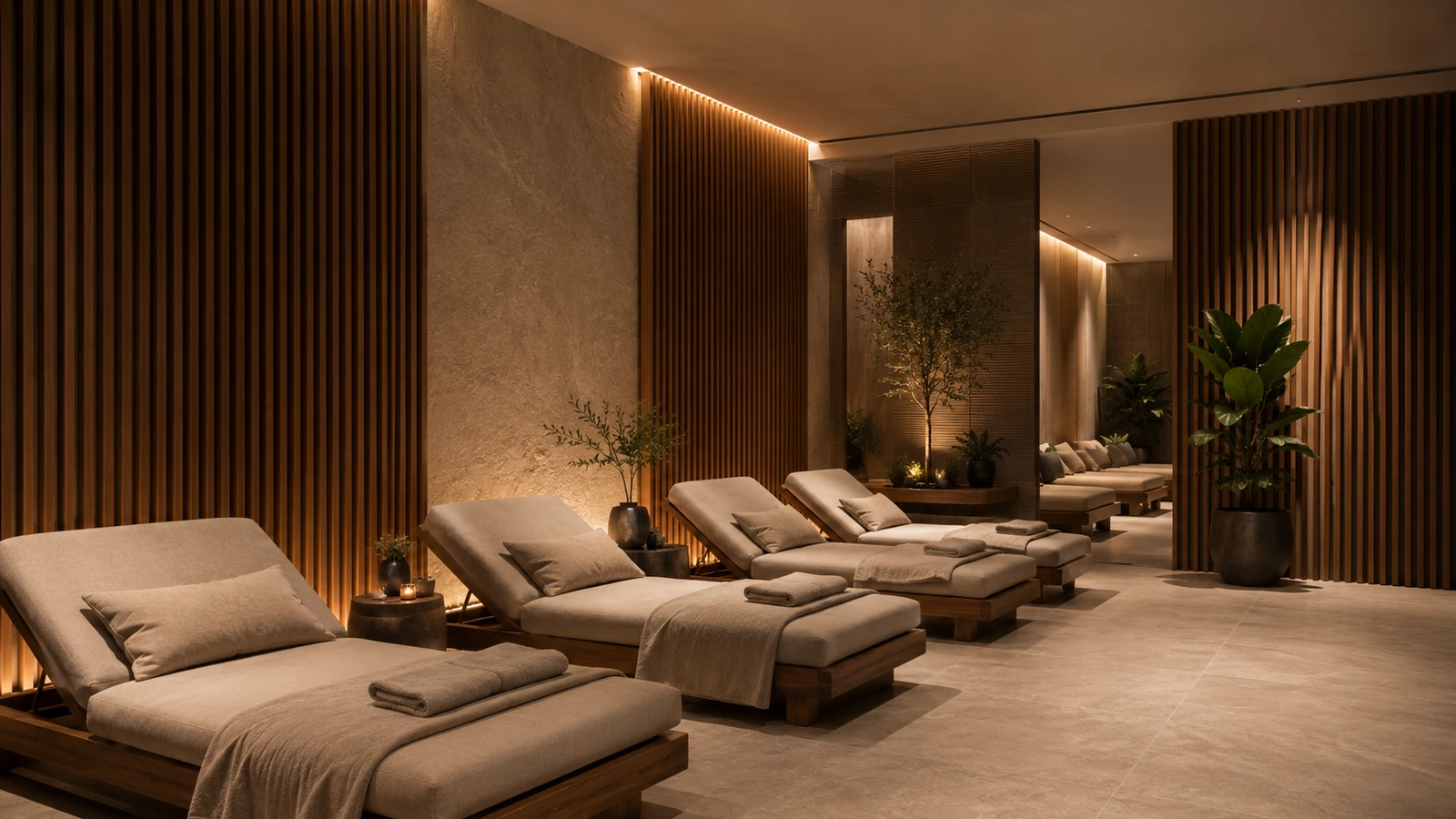 Сухая wellness-зона с шезлонгами, камнем и реечными панелями